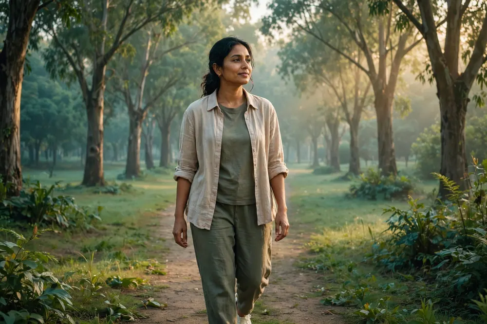 बिहानै शान्त रूखले घेरिएको बाटोमा हिँडिरहेकी महिला