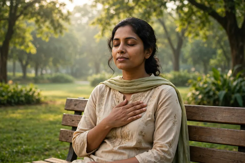 बिहानको उज्यालोमा पार्कको बेन्चमा छातीमा शान्त हात राखेर बिस्तारै सास लिइरहेकी महिला