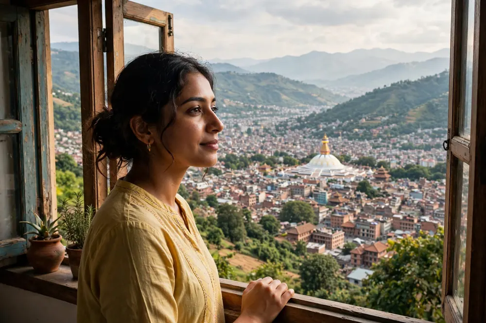 उचाइबाट फराकिलो उपत्यकाको दृश्य हेरिरहेकी शान्त महिला
