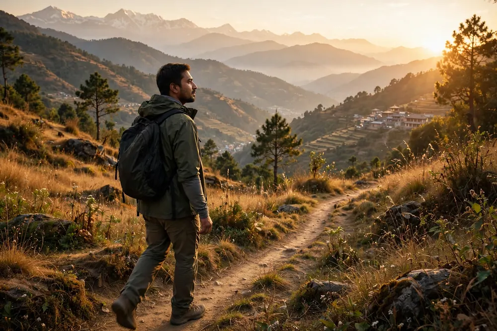 A man walking a quiet mountain trail at golden hour with Himalayan foothills in the distance