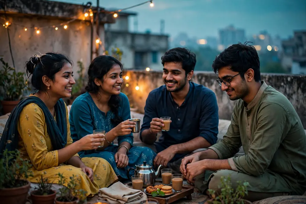 साँझको नरम उज्यालोमा छतमा चिया बाँडिरहेका साथीहरू, एक युवक लजालु मुस्कानसहित जोडिँदै